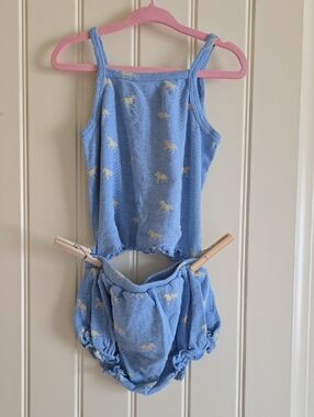 kate quinn Blue Knit Tank and Bloomers Set with Cream Tiny Horse Print